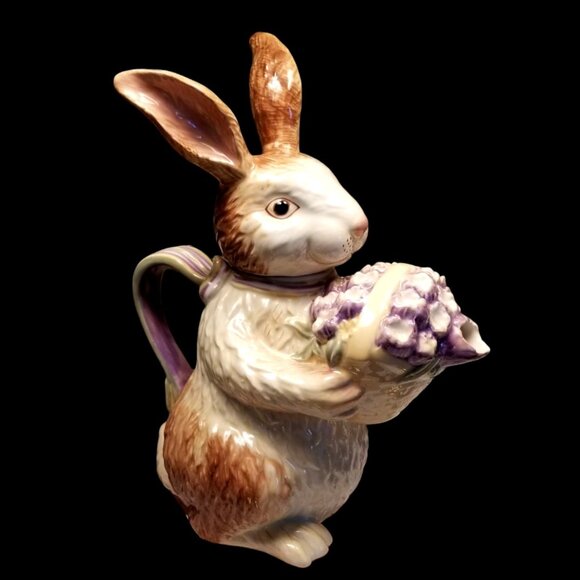VTG Longaberger Teapot Springtime Floral Bouquet Bunny Rabbit Pottery No Chips - Picture 1 of 9